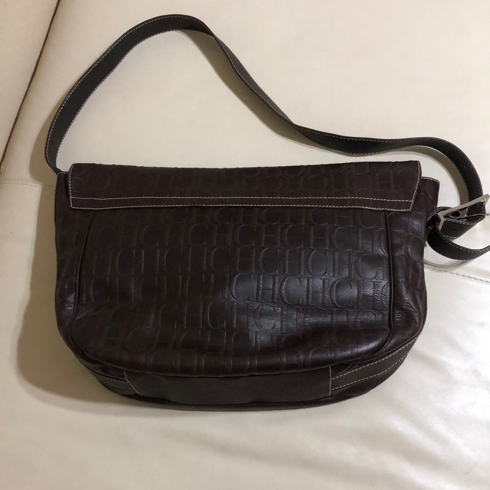 Carolina Herrera CH Monogram Large Leather Messenger Shoulder Bag Brown - Picture 3 of 10